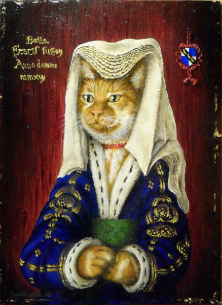 'Bella' - AEtatis Suae vij. Anno domini mmxvj (Age seven, 2016AD) - Ginger and white female cat (unusual as ginger cats are almost always male although she does have quite a cobby face for a female) wearing traditional 15th century Netherlands headdress and blue and gold brocade top with white fir and ermine trim to cuffs and collar. Copyright (c)2016 Paul Alan Grosse 'Bella' - AEtatis Suae vij. Anno domini mmxvj (Age seven, 2016AD) - Ginger and white female cat (unusual as ginger cats are almost always male although she does have quite a cobby face for a female) wearing traditional 15th century Netherlands headdress and blue and gold brocade top with white fir and ermine trim to cuffs and collar. Copyright (c)2016 Paul Alan Grosse