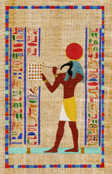 Thoth and the HyperGogen. Very early pigment water colours and shell gold on handmade papyrus. Copyright (c)2019 Paul Alan Grosse