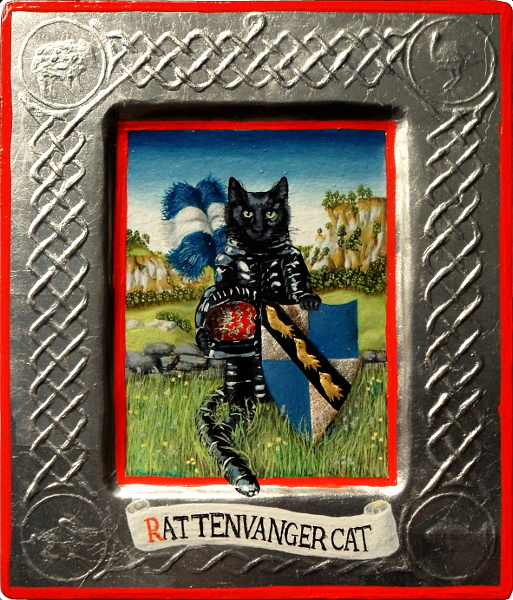 'Dennis - Rattenvanger Cat' - Netherlandish cat wearing armour, holding heraldic shield and standing in countryside in front of wall. Early pigments oils on quarter-sawn solid oak panel with sunken field - mordant gilded on pastiglia 24 carat gold leaf and pure silver leaf with a woven pastiglia border with animal figures in each corner and mordant gilded tin leaf with pastiglia banderole with lettering. Copyright (c)2020 Paul Alan Grosse 'Dennis - Rattenvanger Cat' - Netherlandish cat wearing armour, holding heraldic shield and standing in countryside in front of wall. Early pigments oils on quarter-sawn solid oak panel with sunken field - mordant gilded on pastiglia 24 carat gold leaf and pure silver leaf with a woven pastiglia border with animal figures in each corner and mordant gilded tin leaf with pastiglia banderole with lettering. Copyright (c)2020 Paul Alan Grosse