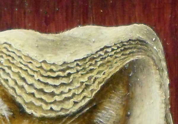 Details of the headdress. Normally women would have five layers of linen in one of these but Johannes Van Eyck painted his wife with one with seven layers in it and I'm certain that Bella knows that she is even more important than that so Bella's has eight layers. At their widest, they are only around 1mm apart on average in the actual painting. Copyright (c)2016 Paul Alan Grosse Details of the headdress. Normally women would have five layers of linen in one of these but Johannes Van Eyck painted his wife with one with seven layers in it and I'm certain that Bella knows that she is even more important than that so Bella's has eight layers. At their widest, they are only around 1mm apart on average in the actual painting. Copyright (c)2016 Paul Alan Grosse