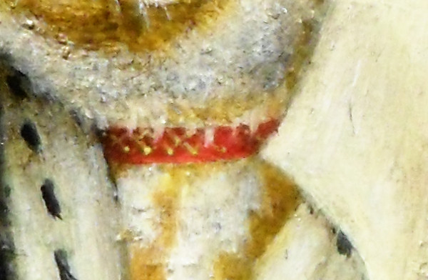 Close-up of the red choker which is roughly 1.5mm wide - the pattern on it being less than 1mm wide. On the left, you can see the ermine trim with a few stray hairs painted in. Copyright (c)2016 Paul Alan Grosse Close-up of the red choker which is roughly 1.5mm wide - the pattern on it being less than 1mm wide. On the left, you can see the ermine trim with a few stray hairs painted in. Copyright (c)2016 Paul Alan Grosse