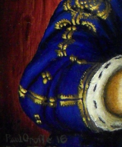 Detail of her right sleeve. The image on the left is in visible light (vis) and on the right, the same area again but, as above, in UV light. The differences between the vis and UV images are interesting: You can see the dead layer under the blue of the brocade (which lets UV light through as though the paint wasn't there) which has only the darkest detail painted on it - the rest of the shading is done with the ultramarine paint. You can also see where extra folds in the material have been added using just the ultramarine; next, there is the signature which is deliberatly painted darkly - the idea of the painting is that it is a portrait of the cat, not to have a distracting signature on it - so this is painted in a warm, dark grey which shows up well against the background in UV but is unobtrusive in visible light; and, lastly, the wood background. Here you can see the underpainting that has gone on as it has modified the wood undercoat - the wood is done in two layers and the first layer is an undercoat that has only general shading in it - here, you can see the horizontal lines in it caused by the base coat over the gesso. On top of that, the red layer that makes the fine wooden grain does not show up any particular detail in UV but on top of that, on the UV image, you can see where the larger-scale painting of the rings of the wood are painted - the pigment absorbing the UV light and obscuring the underlayer far more than the red layer so whilst the shading fits in well in visible light, the top-layer shading on the UV image stands out quite profoundly. Copyright (c)2016 Paul Alan Grosse
