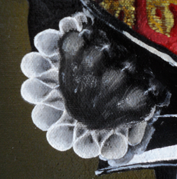 Close-up showing: The ends of the cuff-ruff, showing that it is made up not only from external loops but also from internal loops that are considerably smaller; the reflection of the ruff in the various curved surfaces of the helmet; and the reflection in the helmet of his claws which, on this paw, are extended to hold onto the helmet. In the part of the helment that reflects his claws, you, in effect, have a, end-of-paw viewpoint of his paw, just being able to see the ends of some of the ruff loops. Copyright (c)2016 Paul Alan Grosse
