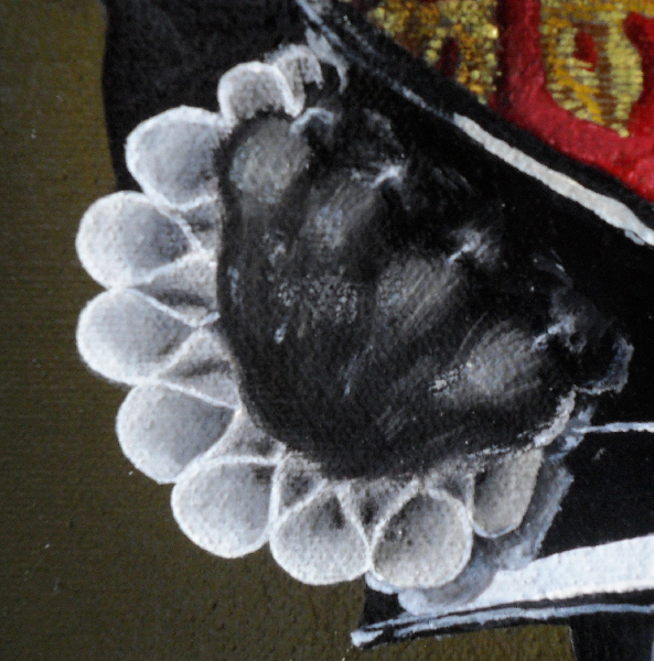 Close-up showing: The ends of the cuff-ruff, showing that it is made up not only from external loops but also from internal loops that are considerably smaller; the reflection of the ruff in the various curved surfaces of the helmet; and the reflection in the helmet of his claws which, on this paw, are extended to hold onto the helmet. In the part of the helment that reflects his claws, you, in effect, have a, end-of-paw viewpoint of his paw, just being able to see the ends of some of the ruff loops. Copyright (c)2016 Paul Alan Grosse Close-up showing: The ends of the cuff-ruff, showing that it is made up not only from external loops but also from internal loops that are considerably smaller; the reflection of the ruff in the various curved surfaces of the helmet; and the reflection in the helmet of his claws which, on this paw, are extended to hold onto the helmet. In the part of the helment that reflects his claws, you, in effect, have a, end-of-paw viewpoint of his paw, just being able to see the ends of some of the ruff loops. Copyright (c)2016 Paul Alan Grosse