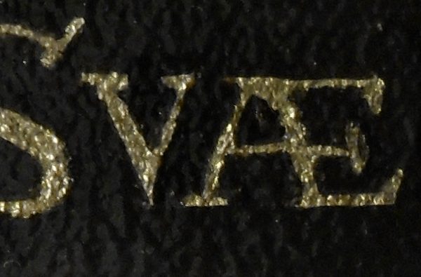 Close-up of the gold leaf of the word 'Suæ' showing how the surface of the canvas undulates, making the job of guilding it quite difficult. Here, the gold has been applied and then the edges neatened by painting over. Copyright (c)2016 Paul Alan Grosse