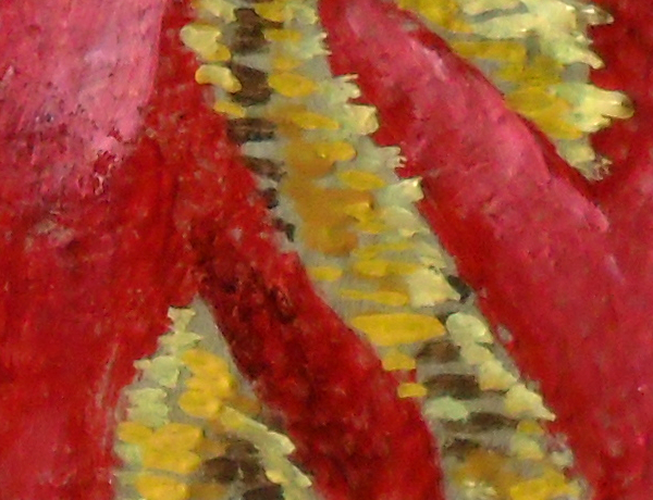 Extreme close-up of the brocade on the inside of the helmet showing how the golden silk effect is produced by using brown, gold ochre and gold ochre mixed with white and a little Indian Yellow over a fairly unsaturated ground. Copyright (c)2016 Paul Alan Grosse Extreme close-up of the brocade on the inside of the helmet showing how the golden silk effect is produced by using brown, gold ochre and gold ochre mixed with white and a little Indian Yellow over a fairly unsaturated ground. Copyright (c)2016 Paul Alan Grosse