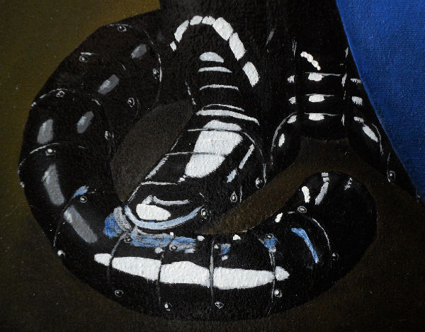 Just in case you were wondering how practical it might be to have armour for a cat, one of the major concerns is what you do with the tail. Here, it is in a segmented, flexible tube that is articulted in a similar way to the armour that covers the feet (although clearly, it has to be able to flex in two diensions, not just one). Copyright (c)2016 Paul Alan Grosse Just in case you were wondering how practical it might be to have armour for a cat, one of the major concerns is what you do with the tail. Here, it is in a segmented, flexible tube that is articulted in a similar way to the armour that covers the feet (although clearly, it has to be able to flex in two diensions, not just one). Copyright (c)2016 Paul Alan Grosse