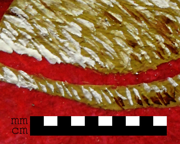 An even closer look at Margaret the Netherlandish Alien's sleeve, showing the width of the paint brush strokes in the gold brocade. Copyright (c)2020 Paul Alan Grosse