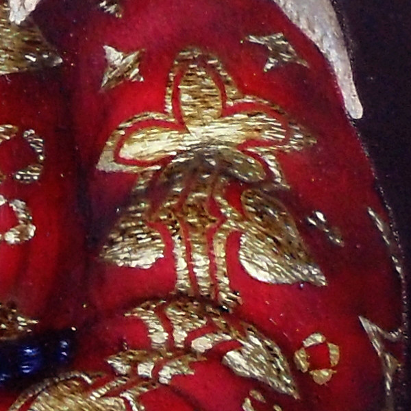 A closer look at Margaret the Netherlandish Alien's sleeve, showing the gold brocade. Copyright (c)2020 Paul Alan Grosse