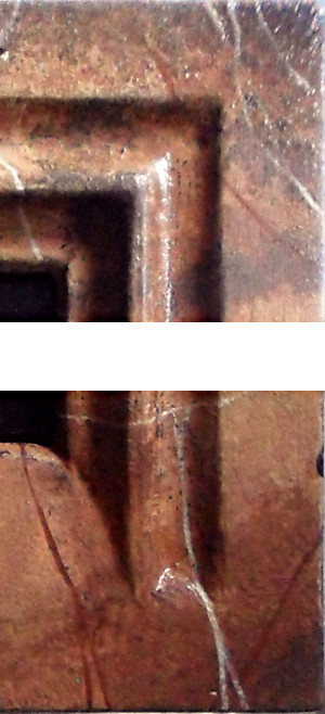 Close-up of the moulding corners of the frame of Margaret the Netherlandish Alien. Copyright (c)2020 Paul Alan Grosse