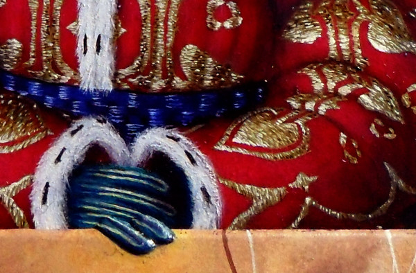 Close-up of Margaret the Netherlandish Alien's pastiglia hands, gripping the edge of the frame, breaking the rule that keeps that that is in the painting out of the real world of the viewer. Copyright (c)2020 Paul Alan Grosse