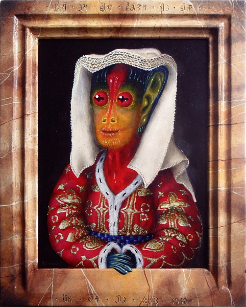Margaret - Netherlandish alien painted in traditional Dutch headdress and brocade top with fir-lined collar and sleeves. Frame with trompe l'oeil engraved lettering in alien script and pastiglia fingers invading into the real world from inside the frame. Copyright (c)2020 Paul Alan Grosse