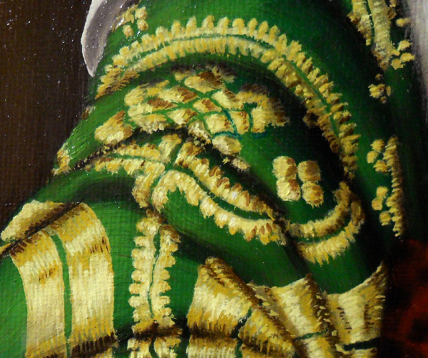 Close-up of the brocade pattern on her upper-right arm, showing how the pattern follows the folds of the cloth and how the highlights in the gold silk are prepresented by strokes of different colours. Copyright (c)2016 Paul Alan Grosse