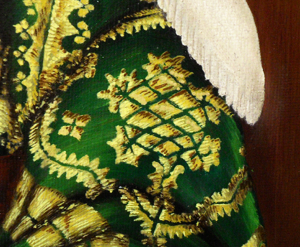 Close-up of the brocade pattern on her upper-left arm, again showing how the pattern follows the folds of the cloth but also of how the wool part of the brocade shows a highlight at the dark edge where the pile is side-on. Copyright (c)2016 Paul Alan Grosse