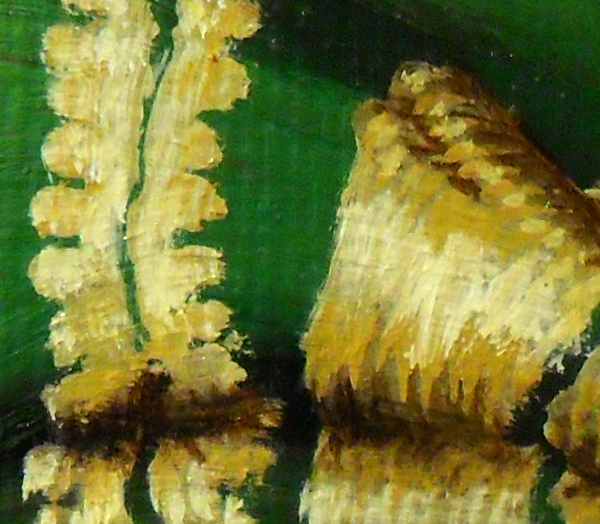 Extreme close-up of folds of brocade on her right arm, showing the brown paint, the less-saturated ground, the gold ochre and the ochre tint that is used for for the highlighted threads. Copyright (c)2016 Paul Alan Grosse
