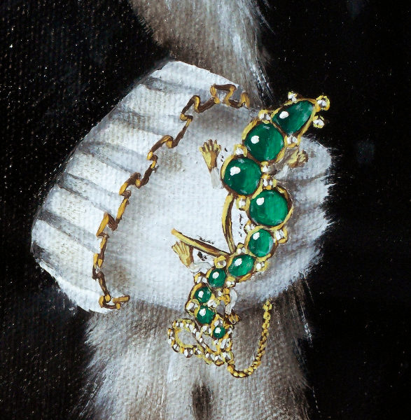 Details of the emerald and diamond salamander (with additional chain). The original was found in the Cheapside horde which was a small box, found in the basement of a jeweller's that had not been looked at since just after the reign of Elizabeth I. In effect, it had been lost to the world and only reappeared when workmen dug it up at the beginning of the 20th century. As this painting places the central character at the time of Elizabeth I, I thought it would be appropriate to indicate great wealth by him holding that very piece of jewellery before it was lost to us all. The piece itself is gold that has in places been enamelled as much gold jewellery was at the time and in it are set square diamonds and emeralds that have been cut so that their surface is rounded - cutting emeralds so that they had flat faces apparently wasn't done until much later. The chain is added simply because cats don't have opposing thumbs. Copyright (c)2016 Paul Alan Grosse
