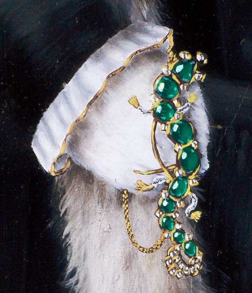 Details of the emerald and diamond salamander (with additional chain). The original was found in the Cheapside horde which was a small box, found in the basement of a jeweller's that had not been looked at since just after the reign of Elizabeth I. In effect, it had been lost to the world and only reappeared when workmen dug it up at the beginning of the 20th century. As this painting places the central character at the time of Elizabeth I, I thought it would be appropriate to indicate great wealth by him holding that very piece of jewellery before it was lost to us all. The piece itself is gold that has in places been enamelled as much gold jewellery was at the time and in it are set square diamonds and emeralds that have been cut so that their surface is rounded - cutting emeralds so that they had flat faces apparently wasn't done until much later. The chain is added simply because cats don't have opposing thumbs. Copyright (c)2016 Paul Alan Grosse