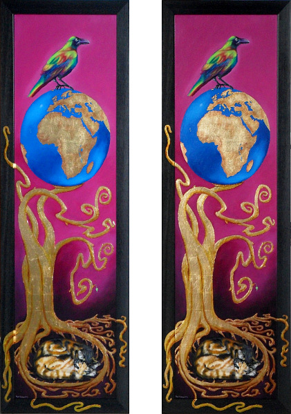 This is a stereo pair of the painting - two images taken from different angles so that the lighting is different on each and also so that you can see the frame standing out (albeit the depth being somewhat exaggerated in this case). More importantly, you can see the gold in the painting as it reflects the illuminating light substantially differently to the oil paint for any given angle/pair of angles. Copyright (c)2016 Paul Alan Grosse