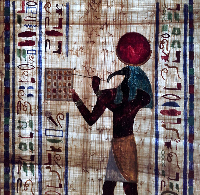 'Anachronistic Kemet I' Thoth and the Hyper-Gogen - the papyrus illuminated from behind. You can clearly see the crisscross lines of vascular bundles from the reed slices now.
Copyright (c)2019 Paul Alan Grosse