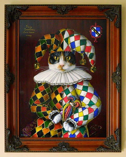 Framed painting of 'Romy' - One of the kittens as a Jester in the style of Elizabethan paintings. Copyright (c)2017 Paul Alan Grosse