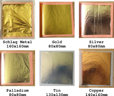 Different types of metal leaf and their sizes.