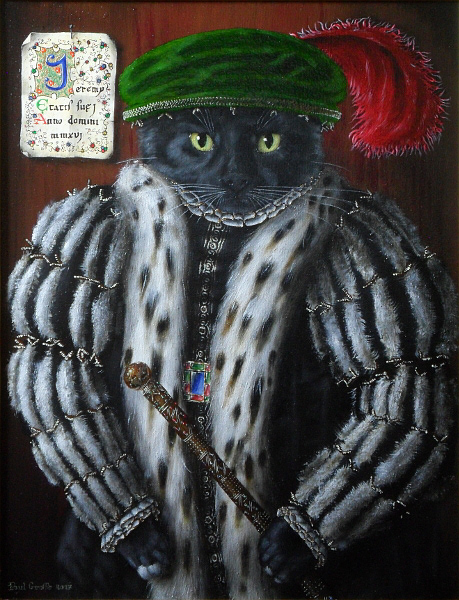 'Jeremy' - Black cat in the style of painting of Thomas Wentworth, holding a jewelled golden staff with rubies, emeralds, sapphires and diamonds.  Copyright (c)2018 Paul Alan Grosse