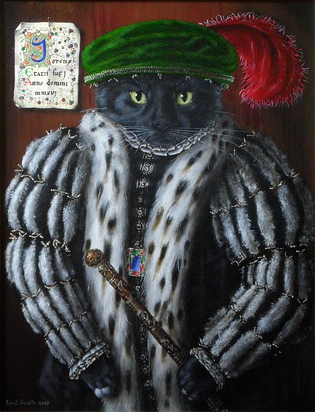 'Jeremy' - Black cat in the style of painting of Thomas Wentworth, holding a jewelled golden staff with rubies, emeralds, sapphires and diamonds. Copyright (c)2018 Paul Alan Grosse 'Jeremy' - Black cat in the style of painting of Thomas Wentworth, holding a jewelled golden staff with rubies, emeralds, sapphires and diamonds. Copyright (c)2018 Paul Alan Grosse