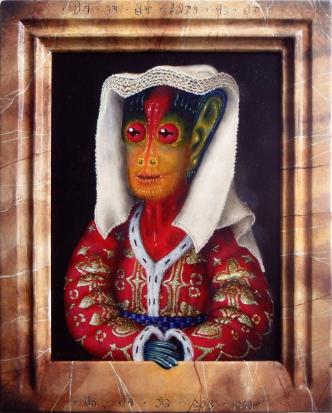 'Margaret' - Netherlandish alien painted in traditional Dutch headdress and brocade top with fir-lined collar and sleeves. Frame with trompe l'oeil engraved lettering in alien script and pastiglia fingers invading into the real world from inside the frame. Copyright (c)2020 Paul Alan Grosse