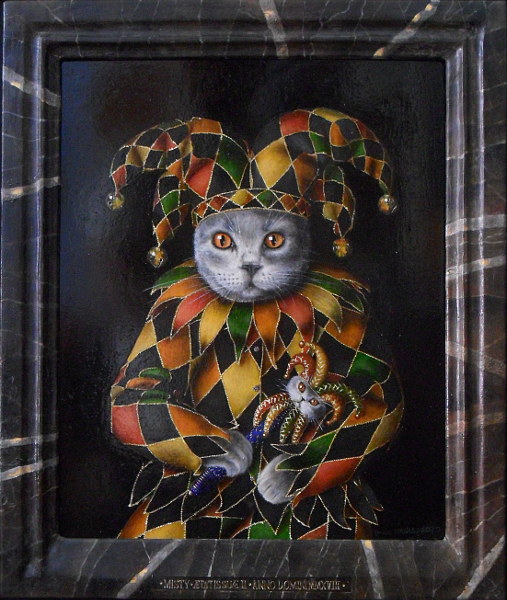 'Misty' - Netherlandish cat in jester outfit. Early pigments oils on quarter-sawn solid oak panel in solid oak hand carved frame with polychromy of fractured stone with gold-carrying quartz intrusions - mordant gilded 24 carat gold leaf - with trompe l'oeil engraved lettering in sunken field. Copyright (c)2020 Paul Alan Grosse