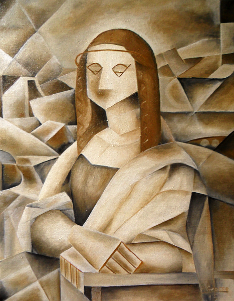 The Mona Lisa painted in the style of Picasso's Analytical Cubism. Copyright (c)2015 Paul Alan Grosse