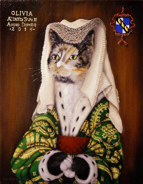 'Olivia' - One of our cats in the style of Jan Van Eyke's portrait of his wife, along with a healthy dose of Rogier Van der Weyden's paintings added. Copyright (c)2016 Paul Alan Grosse