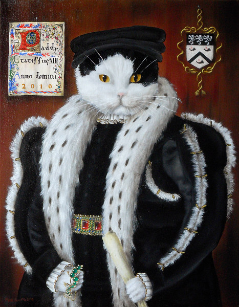 'Paddy' - Black and white cat in the style of a painting of Thomas Wentworth. He is holding a salamander of enamelled gold with emeralds and diamonds identical to the one found in the Cheapside horde - a great amount of jewellery found in the early 20th century in a small box in the basement of an Elizabethan jeweller's shop although this one has an additional gold chain entirely because Paddy has to hold it and cats don't have opposing thumbs (imagine what they could do if they did). Copyright (c)2016 Paul Alan Grosse