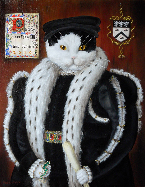 'Paddy' - Black and white cat in the style of painting of Thomas Wentworth, holding a salamander of enamelled gold with emeralds and diamonds. Copyright (c)2016 Paul Alan Grosse 'Paddy' - Black and white cat in the style of painting of Thomas Wentworth, holding a salamander of enamelled gold with emeralds and diamonds. Copyright (c)2016 Paul Alan Grosse