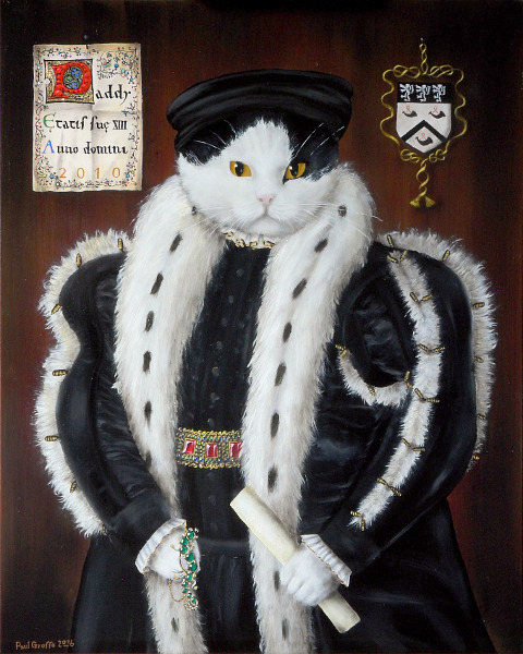 'Paddy' - Black and white cat in the style of painting of Thomas Wentworth, holding a salamander of enamelled gold with emeralds and diamonds. Copyright (c)2016 Paul Alan Grosse