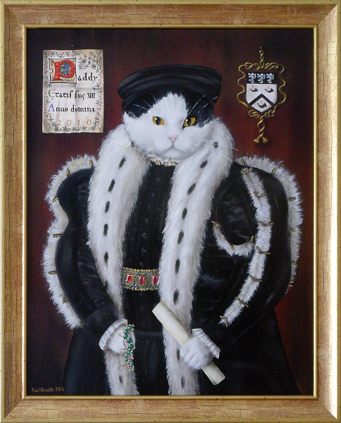 'Paddy' - Black and white cat in the style of painting of Thomas Wentworth, holding a salamander of enamelled gold with emeralds and diamonds. Copyright (c)2016 Paul Alan Grosse