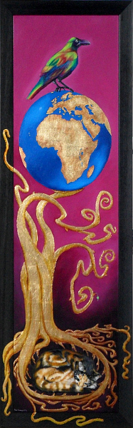 'Pandy' - One of our cats in an Art Nouveau style dreaming of a gold leaf Ashvata tree, a golden globe and a psychodelic crow. Copyright (c)2016 Paul Alan Grosse 'Pandy' - One of our cats in an Art Nouveau style dreaming of a gold leaf Ashvata tree, a golden globe and a psychodelic crow. Copyright (c)2016 Paul Alan Grosse