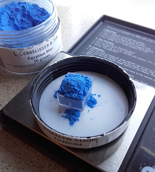 Weighing out some Cornelissen Egyptian Blue pigment. Copyright (c)2019 Paul Alan Grosse