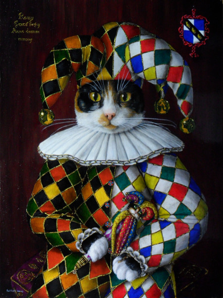 'Romy' - One of the kittens as a Jester in the style of Elizabethan paintings. Copyright (c)2017 Paul Alan Grosse