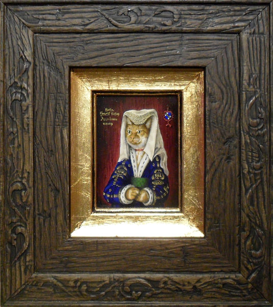 'Bella' - AEtatis Suae vij. Anno domini mmxvj (Age seven, 2016AD) - Ginger and white female cat (unusual as ginger cats are almost always male although she does have quite a cobby face for a female) wearing traditional 15th century Netherlands headdress and blue and gold brocade top with white fir and ermine trim to cuffs and collar. Copyright (c)2016 Paul Alan Grosse