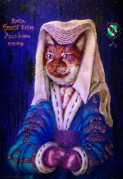 'Bella' - AEtatis Suae vij. Anno domini mmxvj (Age seven, 2016AD). Traditional 15th century Netherlands headdress and blue and gold brocade top with white fir and ermine trim to cuffs and collar. Copyright (c)2016 Paul Alan Grosse 'Bella' - AEtatis Suae vij. Anno domini mmxvj (Age seven, 2016AD). Traditional 15th century Netherlands headdress and blue and gold brocade top with white fir and ermine trim to cuffs and collar. Copyright (c)2016 Paul Alan Grosse
