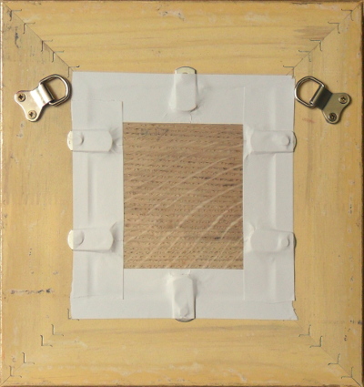 Painting in place (this is on oak panel) with same tape covering gap between sides of rebate and the painting, stopping insect ingress. Note how the foil-lined tape moulds to the edgesd of the gap and the fittings on the back of the frame. Copyright (c)2020 Paul Alan Grosse