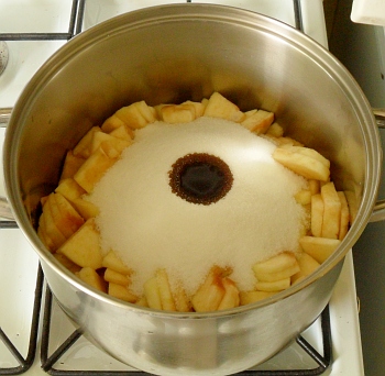 Core, skin and chop up the apples, add the sugar and the 'secret' ingredient.