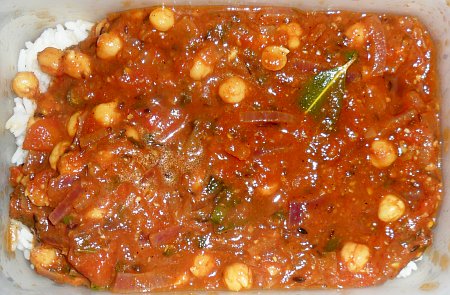 Chole masala on a bed of rice.