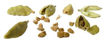 Green cardamom pods and seeds
