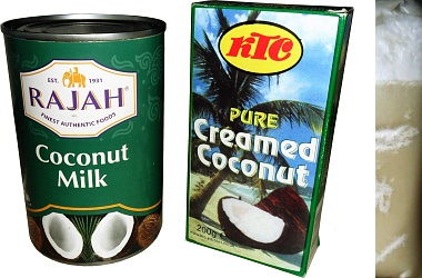 Coconut milk and creamed coconut - inset: solid creamed coconut.