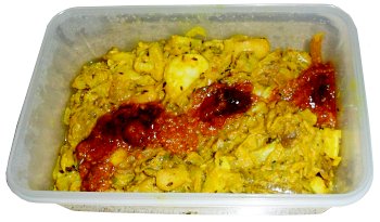 Lauki/Doodhi sabji. A diagonal stripe of Patak's Brinjel Pickle finishes it off.