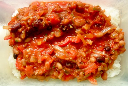 Finished Salsa sauce, on a bed of rice.