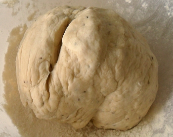 Stiff dough with Ajwain seeds already in it.