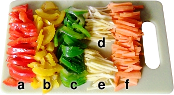 a) Red pepper; b) Yellow pepper; c) Green pepper; d) Amba Haldi; e) Ginger; and, f) Carrot